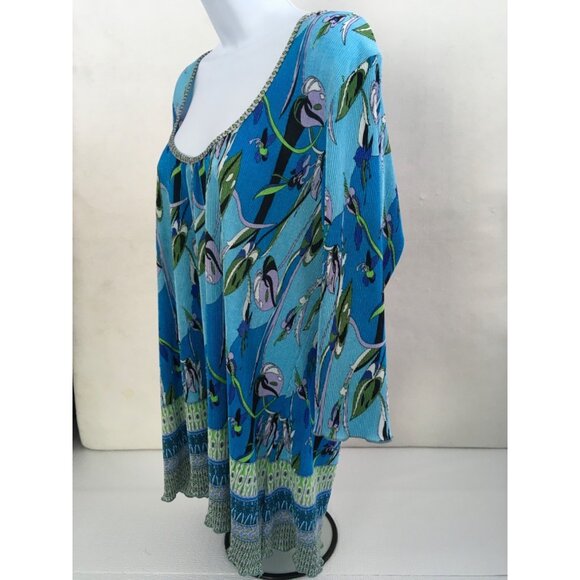 Notations Top Women Size 1X Crinkle Blue Green Black Gray Floral 3/4 Sleeves - Picture 3 of 14